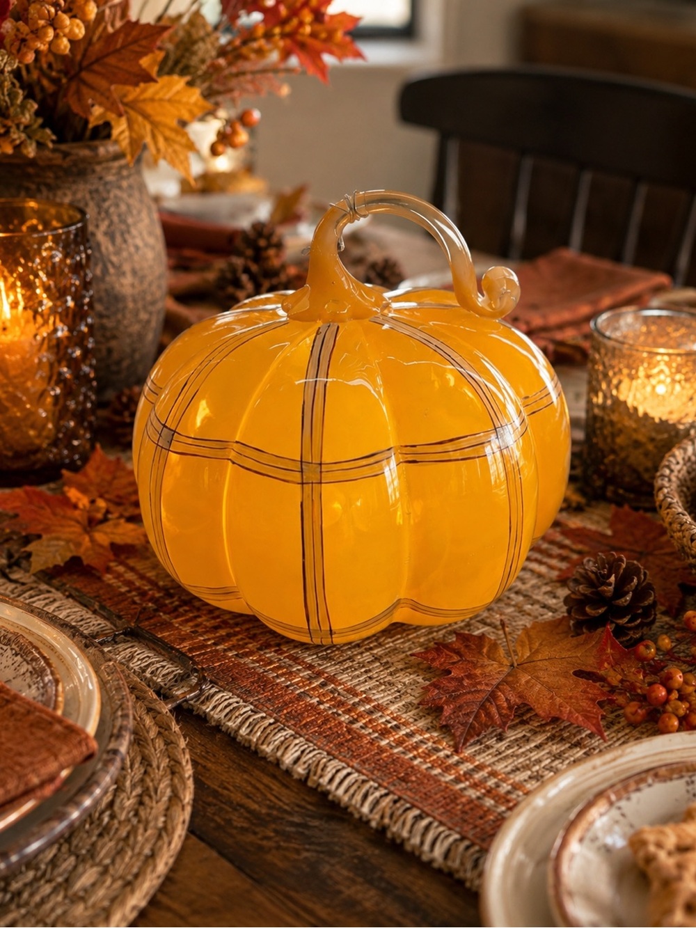 NWT Southern Living Hand Blown Glass Pumpkin Orange White Striped Fall Decor
